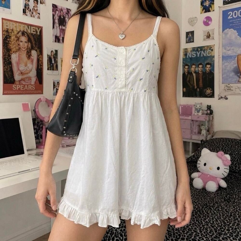 Motherhood Floral Embroidered Babydoll Dress Cottagecore Boho Peasant Fits M